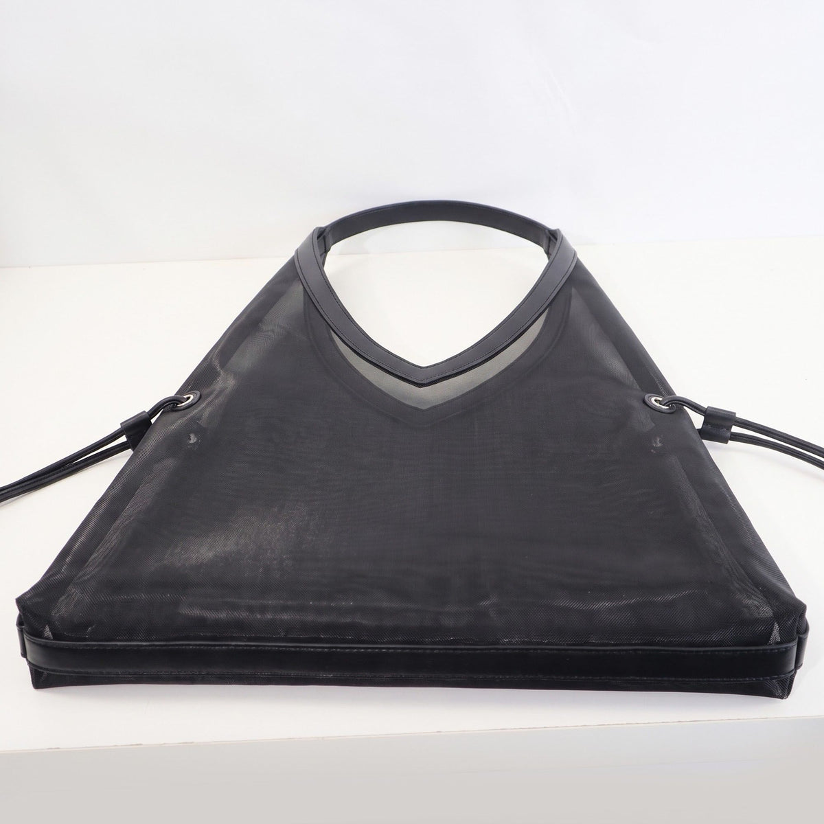Large Mesh Hobo Shoulder Bag with Front Pocket and Drawstring Side Detail
