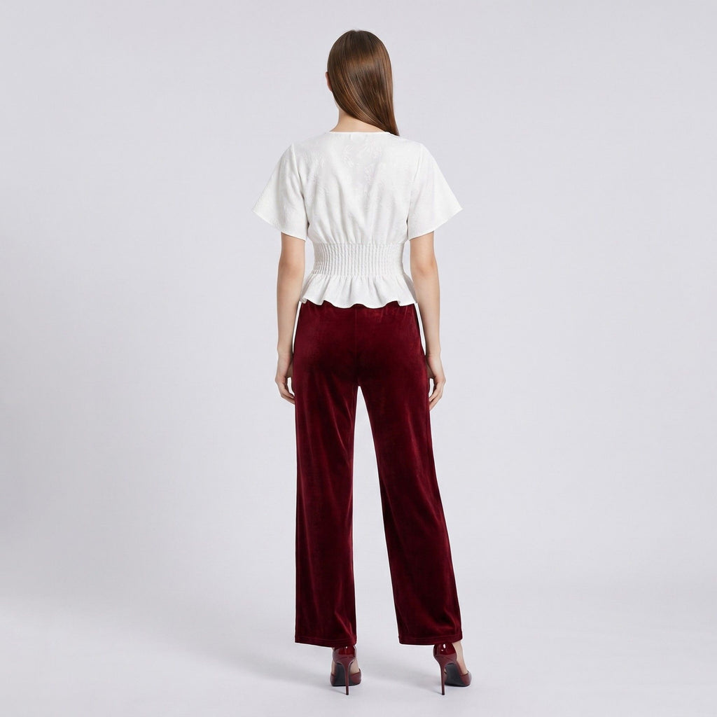 Anna-Kaci Women's V Neck Button Front Peplum Blouse with Smocked Waist Short Flutter Sleeves and Textured Fabric
