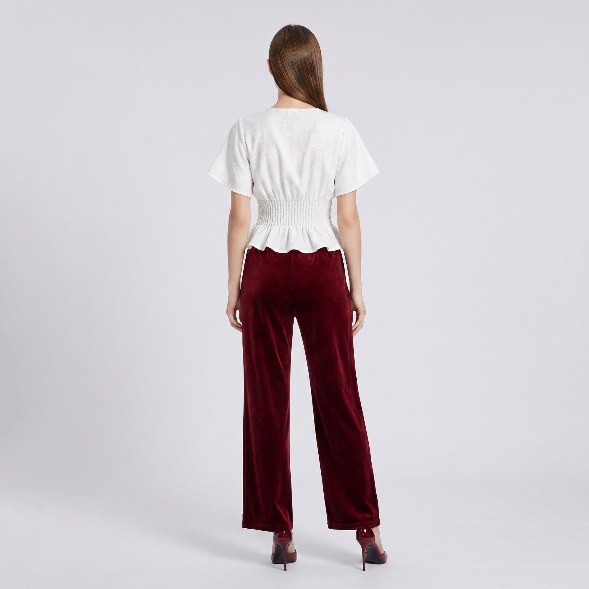 Anna-Kaci Women's V Neck Button Front Peplum Blouse with Smocked Waist Short Flutter Sleeves and Textured Fabric