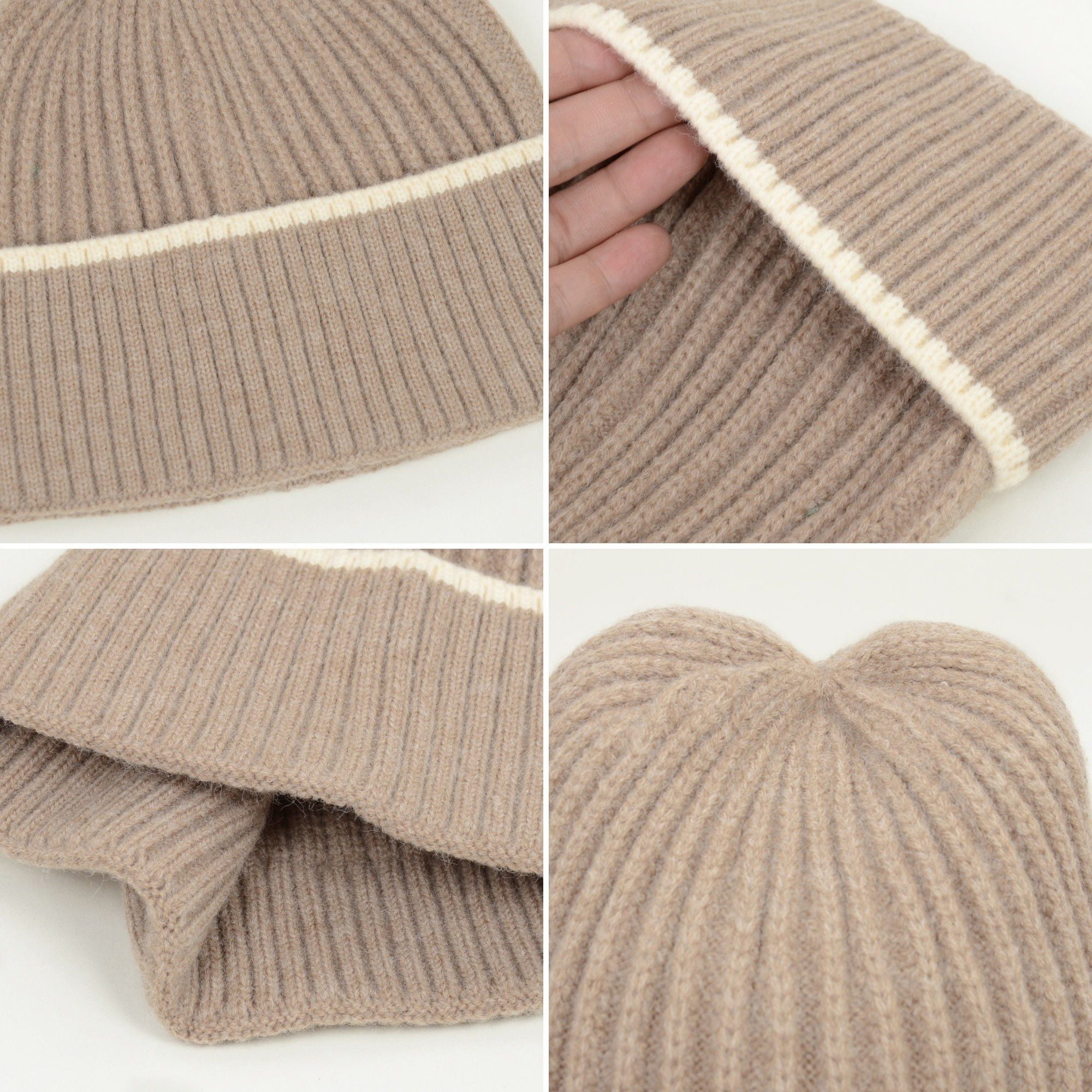 Anna-Kaci Women's Ribbed Knit Beanie Hat with Contrast Trim and Folded Cuff
