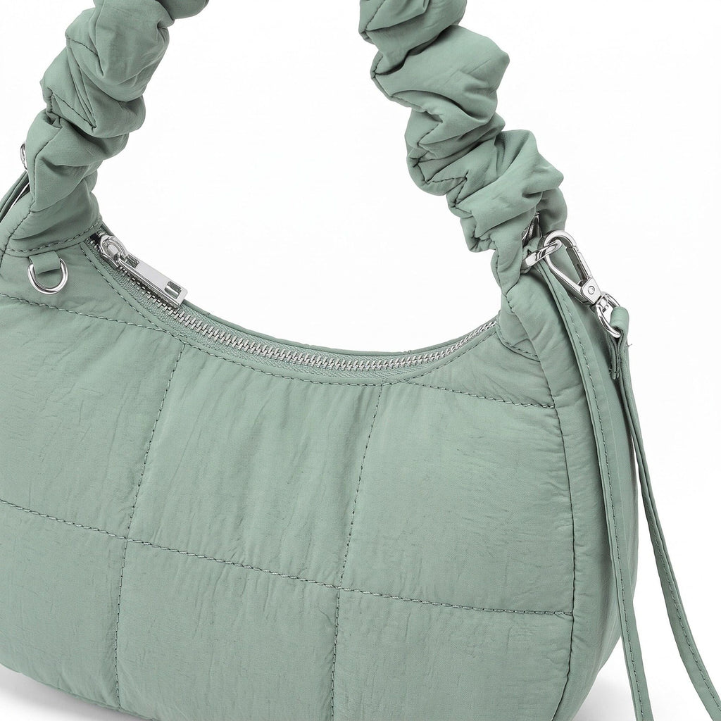 Quilted Crescent Shoulder Bag with Ruched Handle and Detachable Crossbody Strap 10.5x4x6in