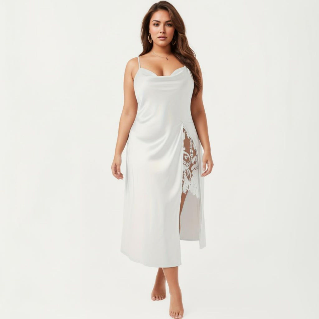 Anna-Kaci Lounge Women's Plus Size Satin Wrap Nightgown with Lace Trim Adjustable Spaghetti Straps Side Tie Midi Length Sleepwear Dress