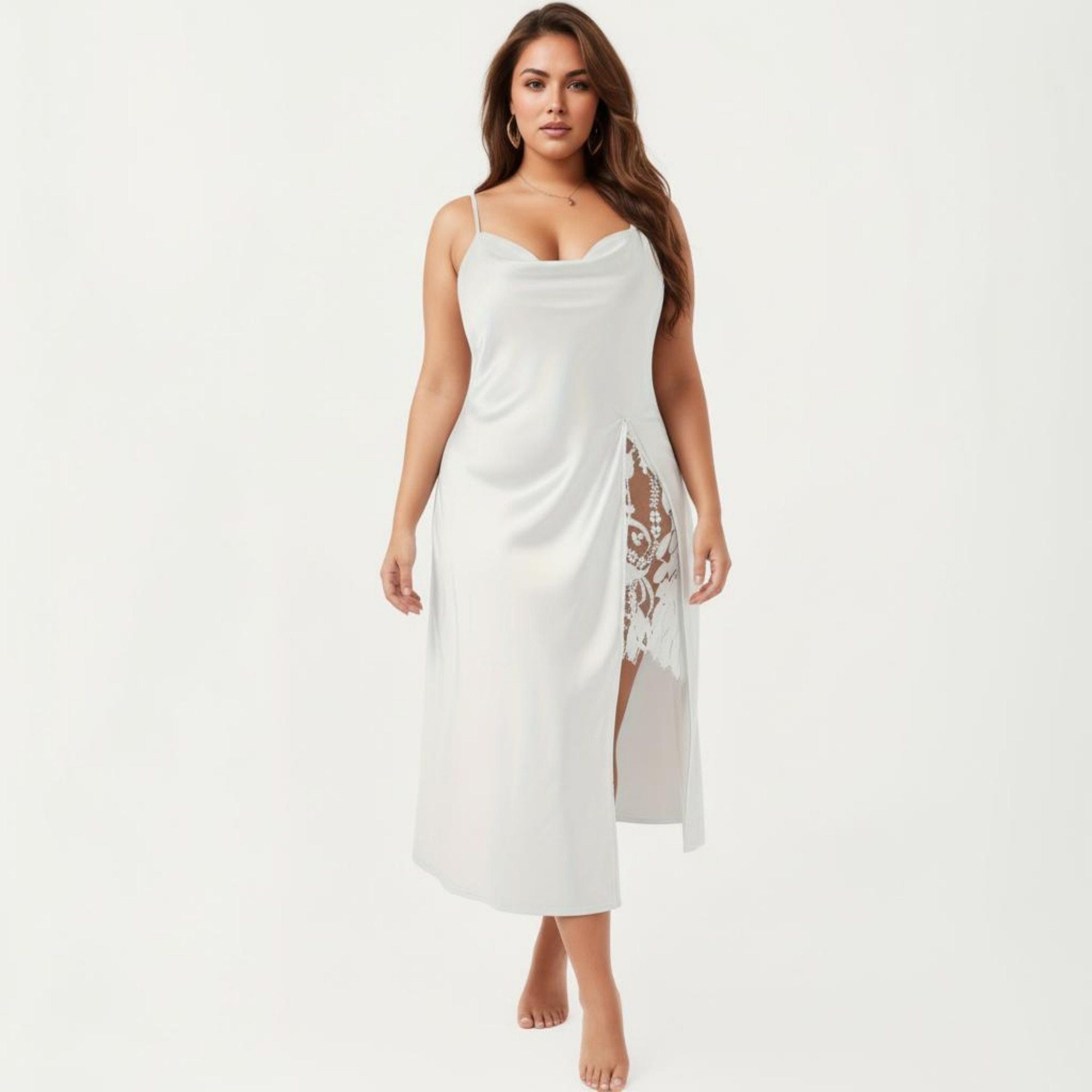 Anna-Kaci Lounge Women's Plus Size Satin Wrap Nightgown with Lace Trim Adjustable Spaghetti Straps Side Tie Midi Length Sleepwear Dress