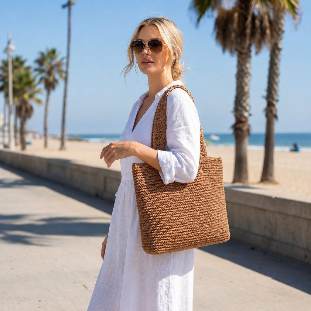 Woven Crochet Tote Bag with Shoulder Straps Lightweight Knit Tote with Zipper Pocket
