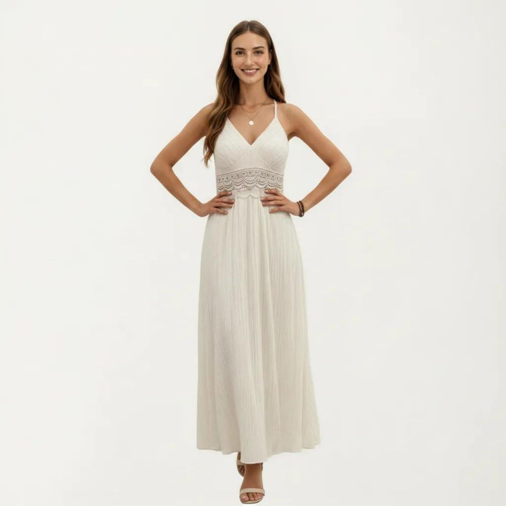 Anna-Kaci Women's Sleeveless Maxi Dress with Lace Waist Detail Adjustable Straps Flowy Long Skirt Design