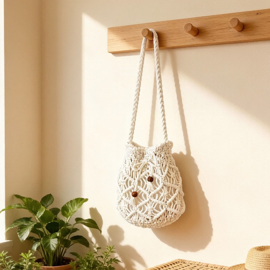 Open Knit Crochet Shoulder Bag with Drawstring Closure Lightweight Handwoven Mesh Tote Handbag