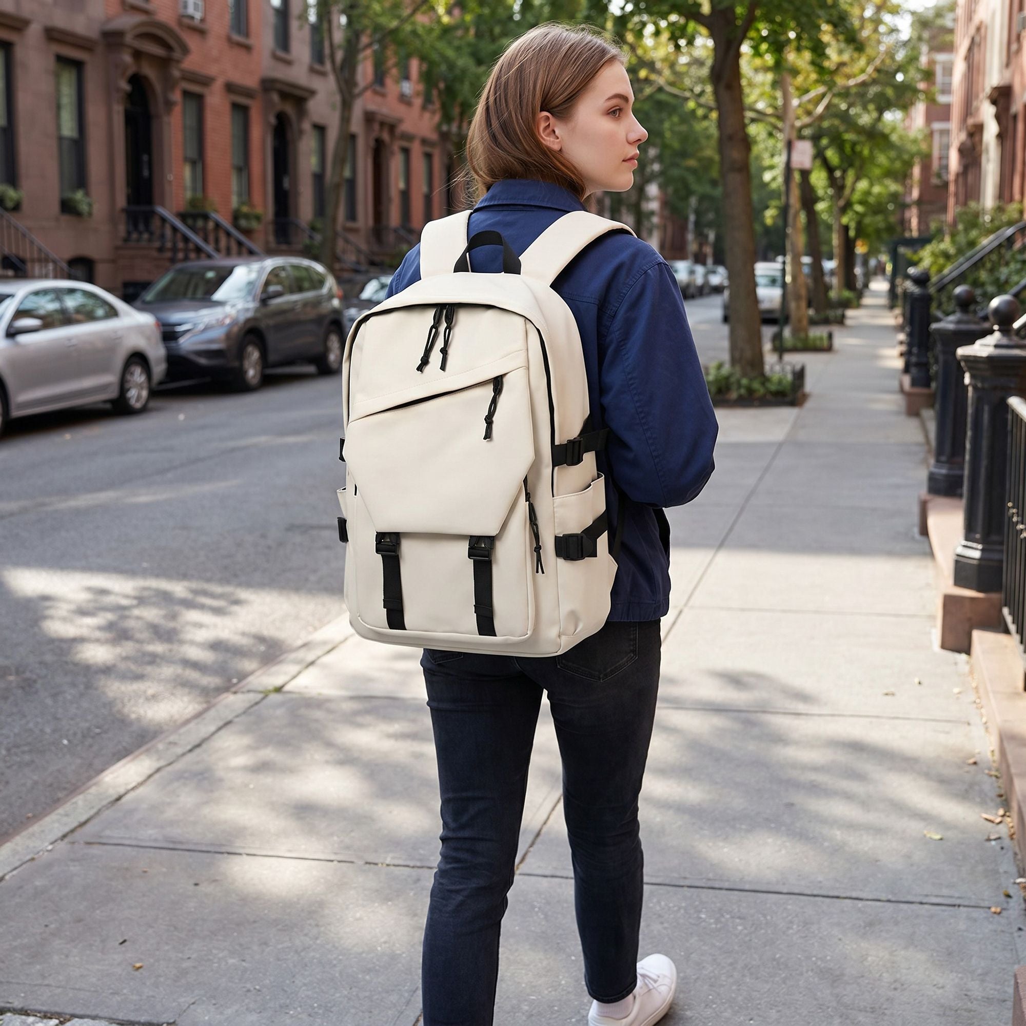 Large Laptop Backpack with Front Flap Pocket Buckle Straps Side Pockets and Padded Shoulder Straps
