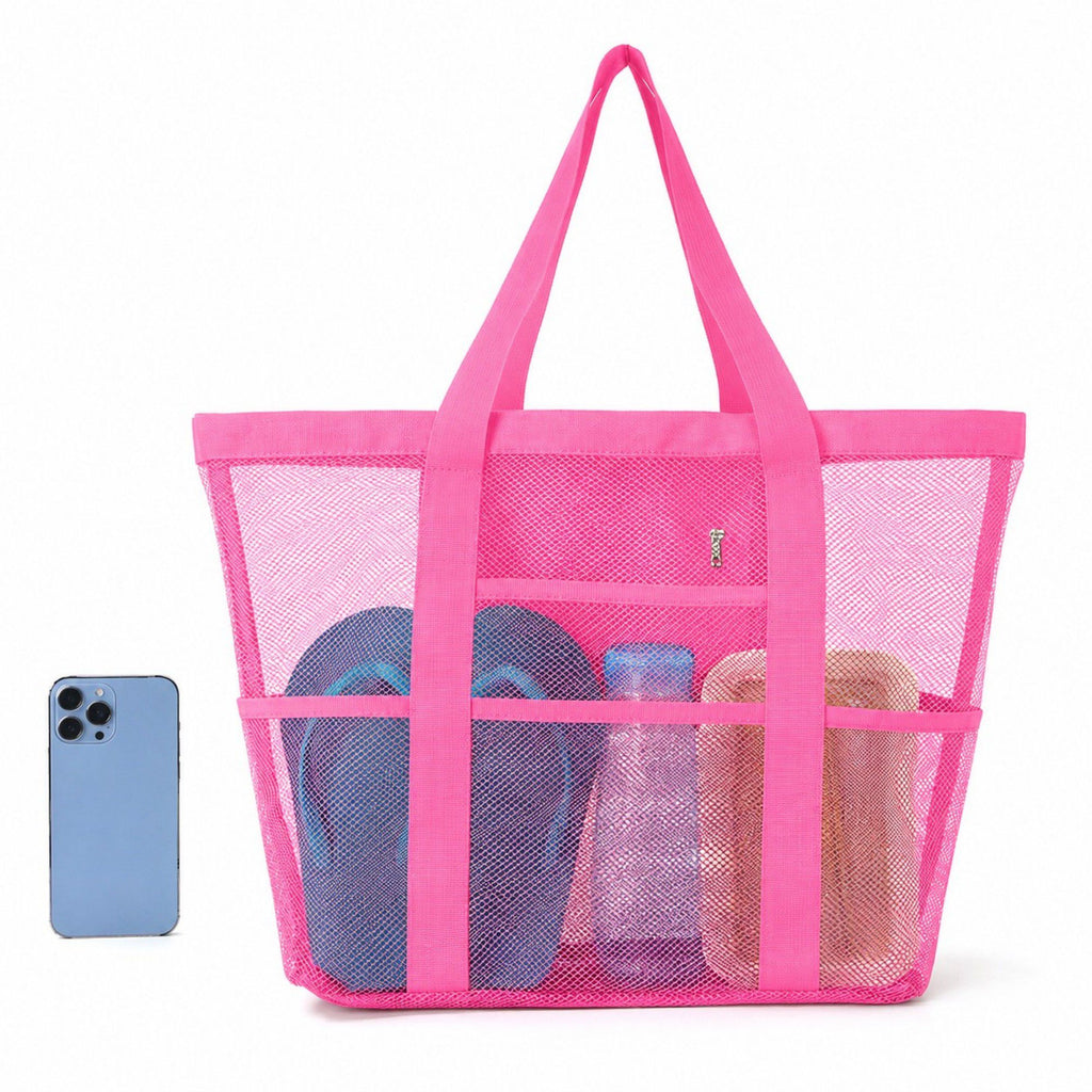 Mesh Beach Tote Bag Large Capacity Travel Shoulder Bag with Exterior Pockets Zipper Top Organizer