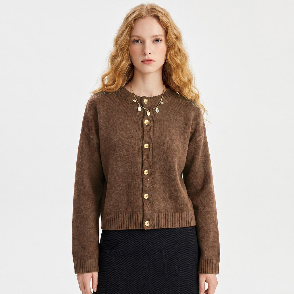 Gold Button Crewneck Cardigan Sweater