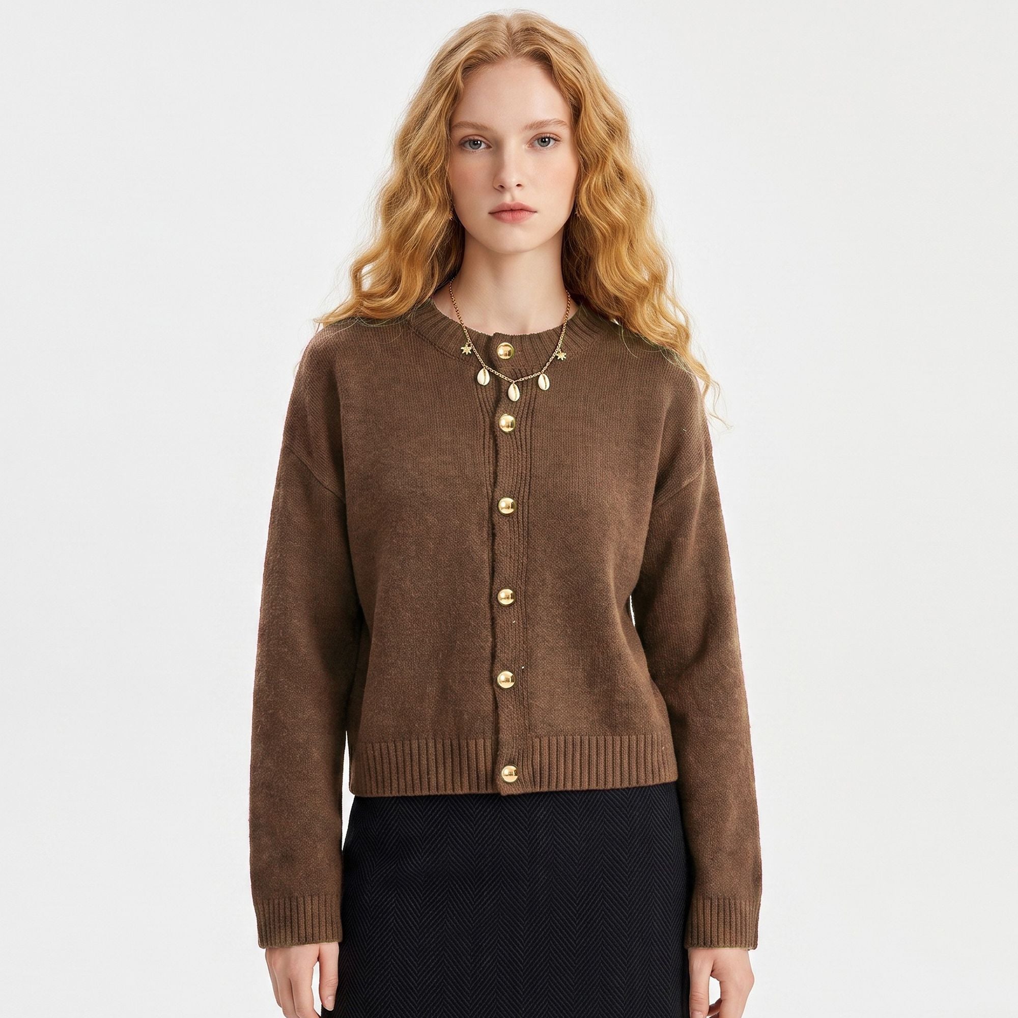 Gold Button Crewneck Cardigan Sweater