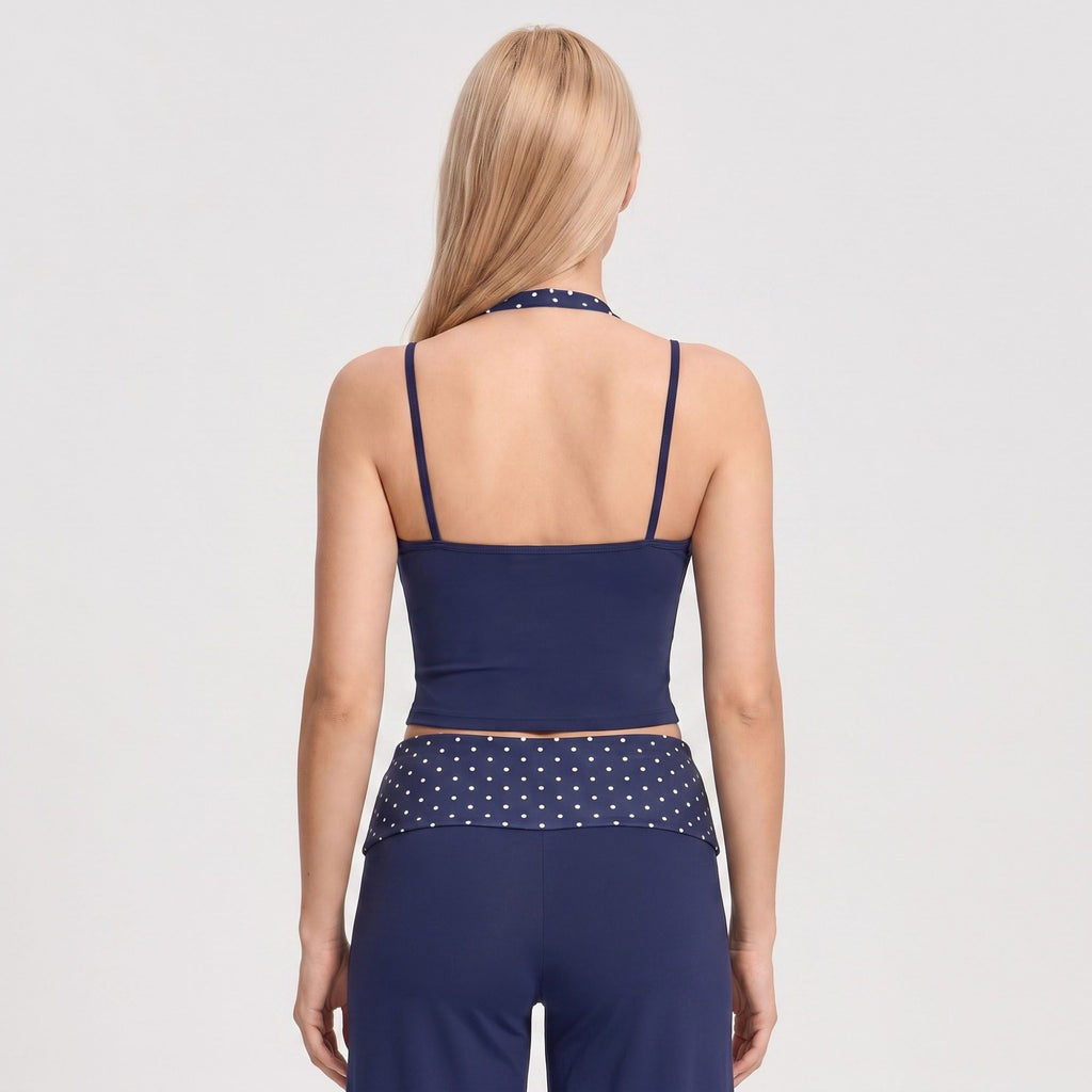 Layered Polka Dot Halter Cropped Active Tank Top with Slim Straps for Yoga and Athleisure