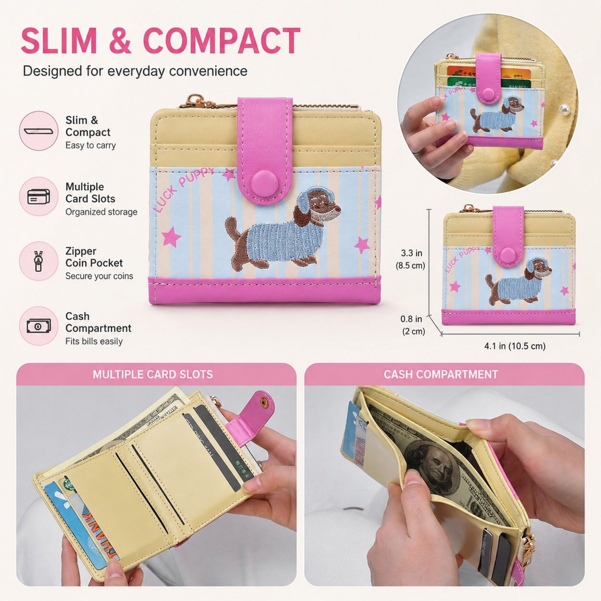 Compact Dachshund Print Bifold Wallet with Zipper Coin Pocket, Card Slots, Snap Closure and Bone Charm