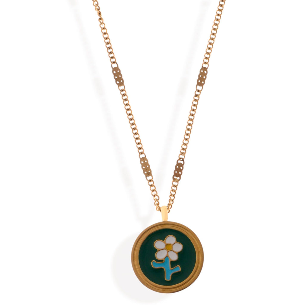Women's Gold Tone Chain Fashion Necklace with Green Enamel Flower Pendant