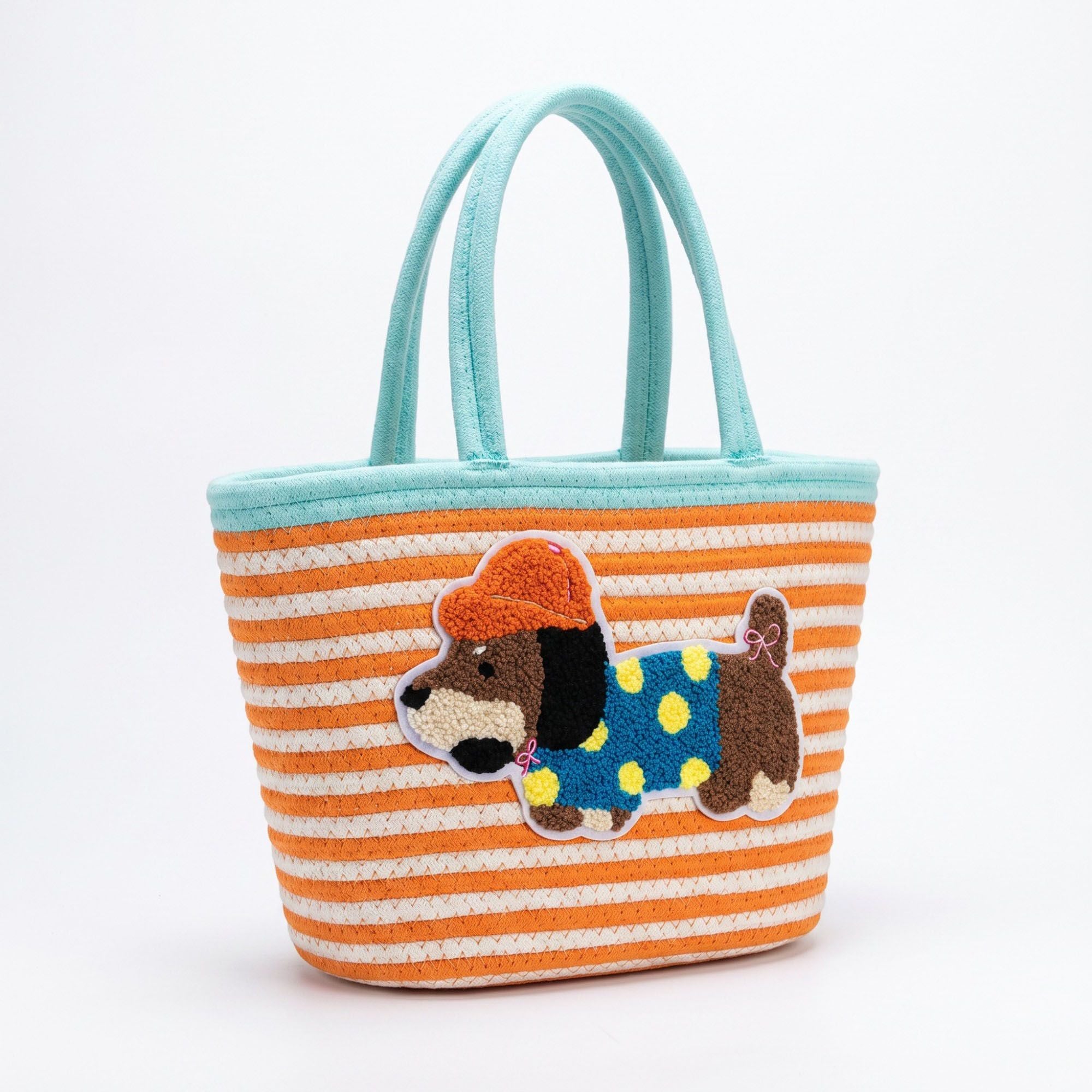 Dog Applique Striped Woven Rope Tote Bag Casual Shoulder Carryall