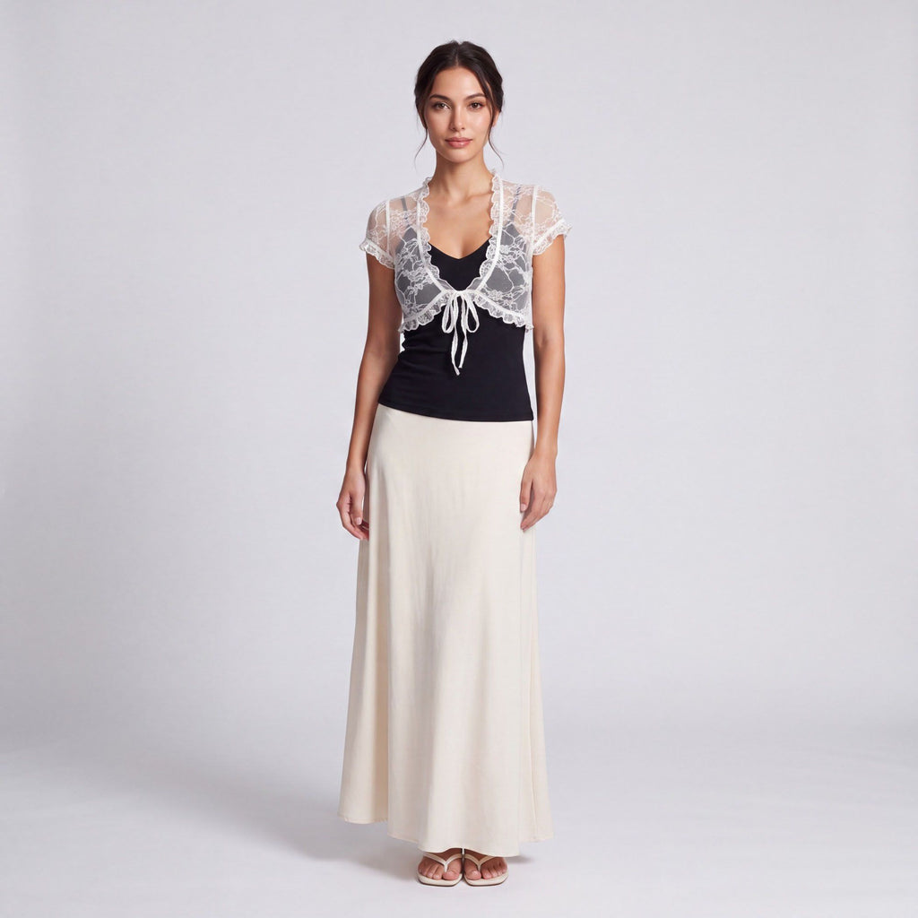 2-Piece Set Sheer Floral Lace Tie-Front Cropped Bolero Shrug and V-Neck Camisole Top