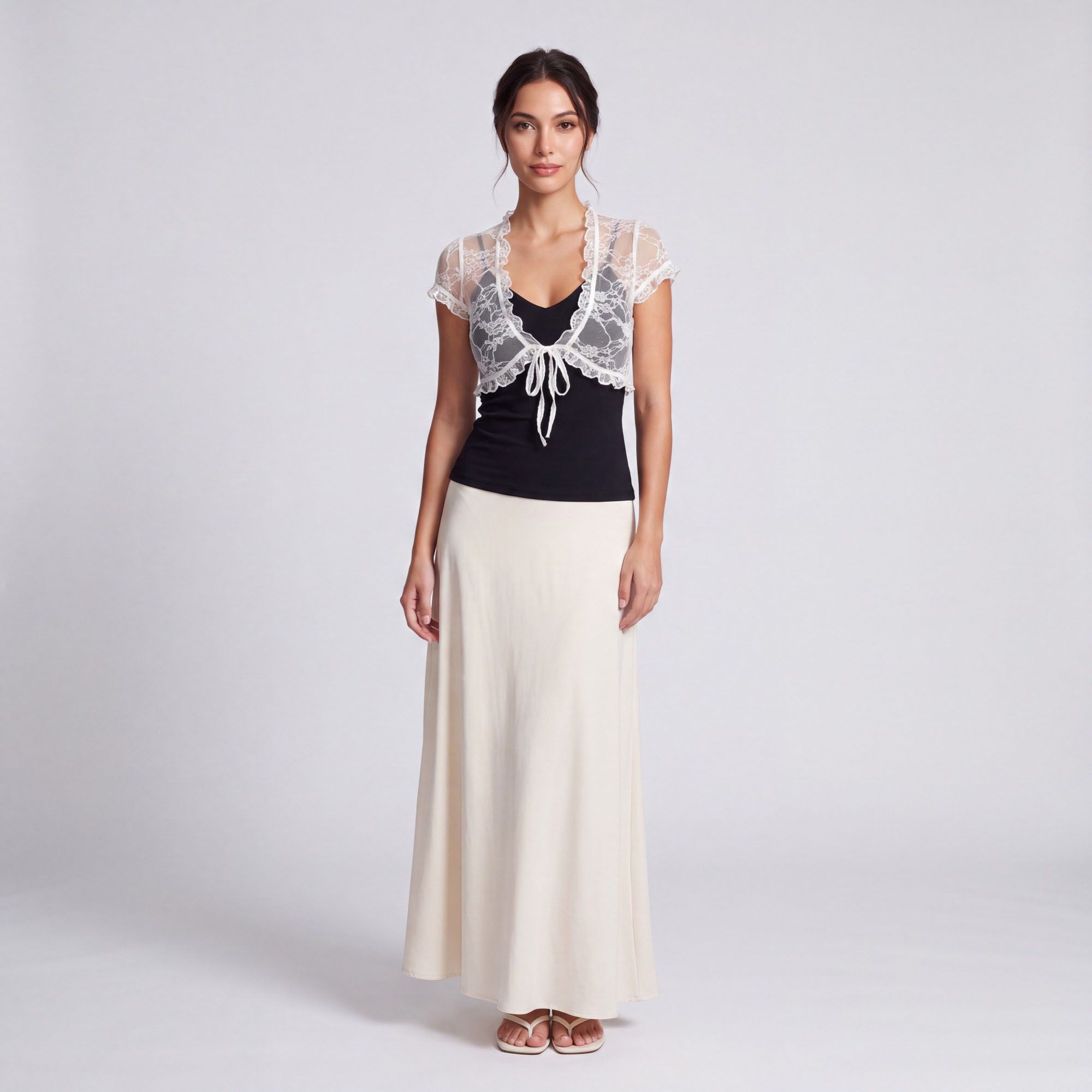 2-Piece Set Sheer Floral Lace Tie-Front Cropped Bolero Shrug and V-Neck Camisole Top