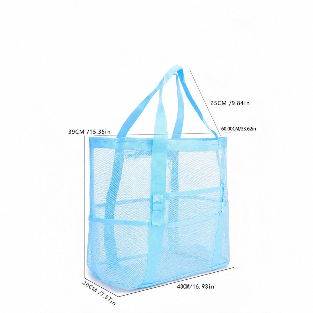 Mesh Beach Tote Bag Large Capacity Travel Shoulder Bag with Exterior Pockets Zipper Top Organizer