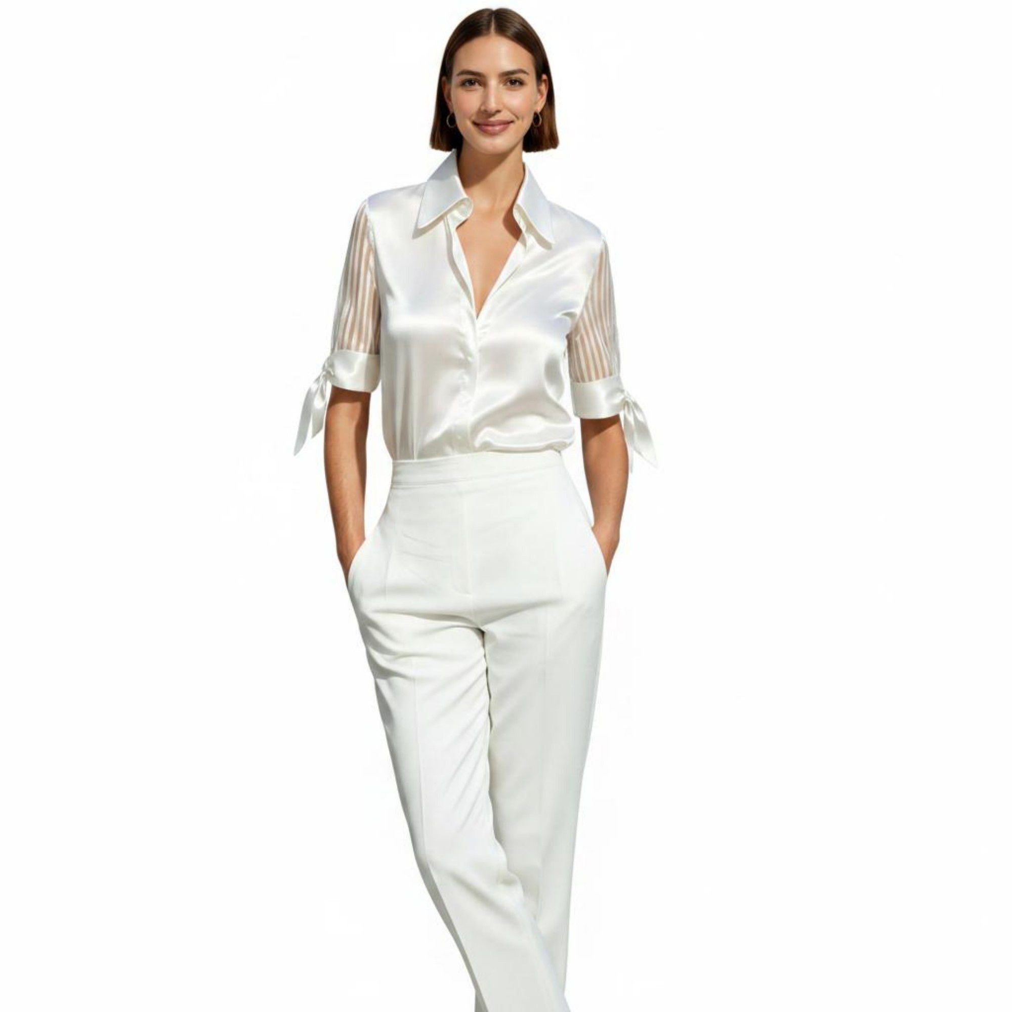 Anna-Kaci Women's Satin Collared Blouse with Sheer Stripe Sleeves and Bow Tie Cuffs