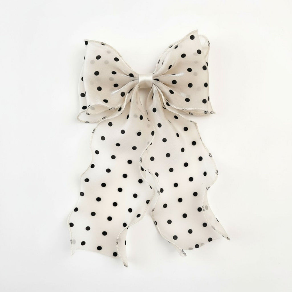 Anna-Kaci 2pcs Polka Dot Chiffon Bow Hair Clip with Flowing Ribbon Tails and Lightweight Sheer Fabric