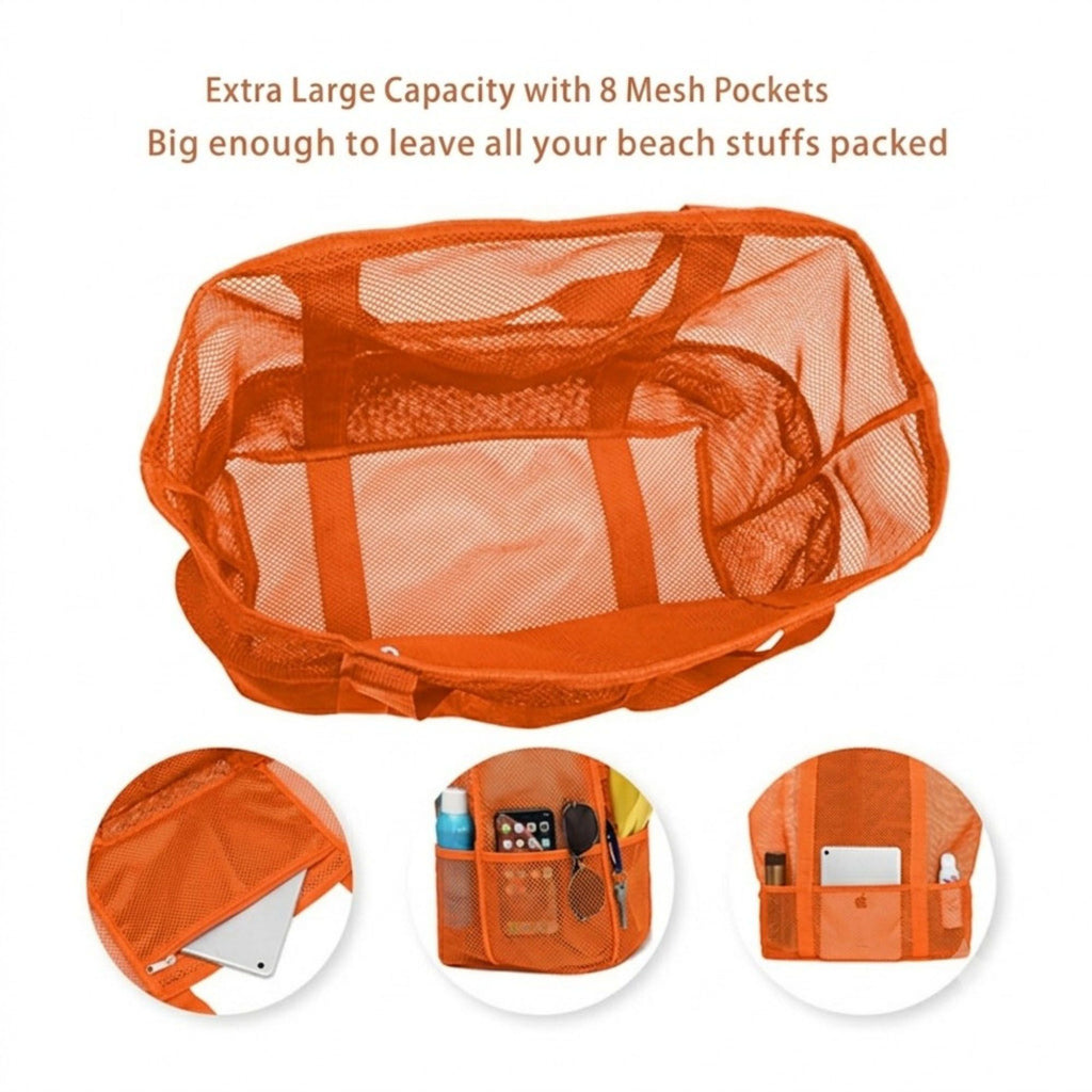Mesh Beach Tote Bag Large Capacity Travel Shoulder Bag with Exterior Pockets Zipper Top Organizer