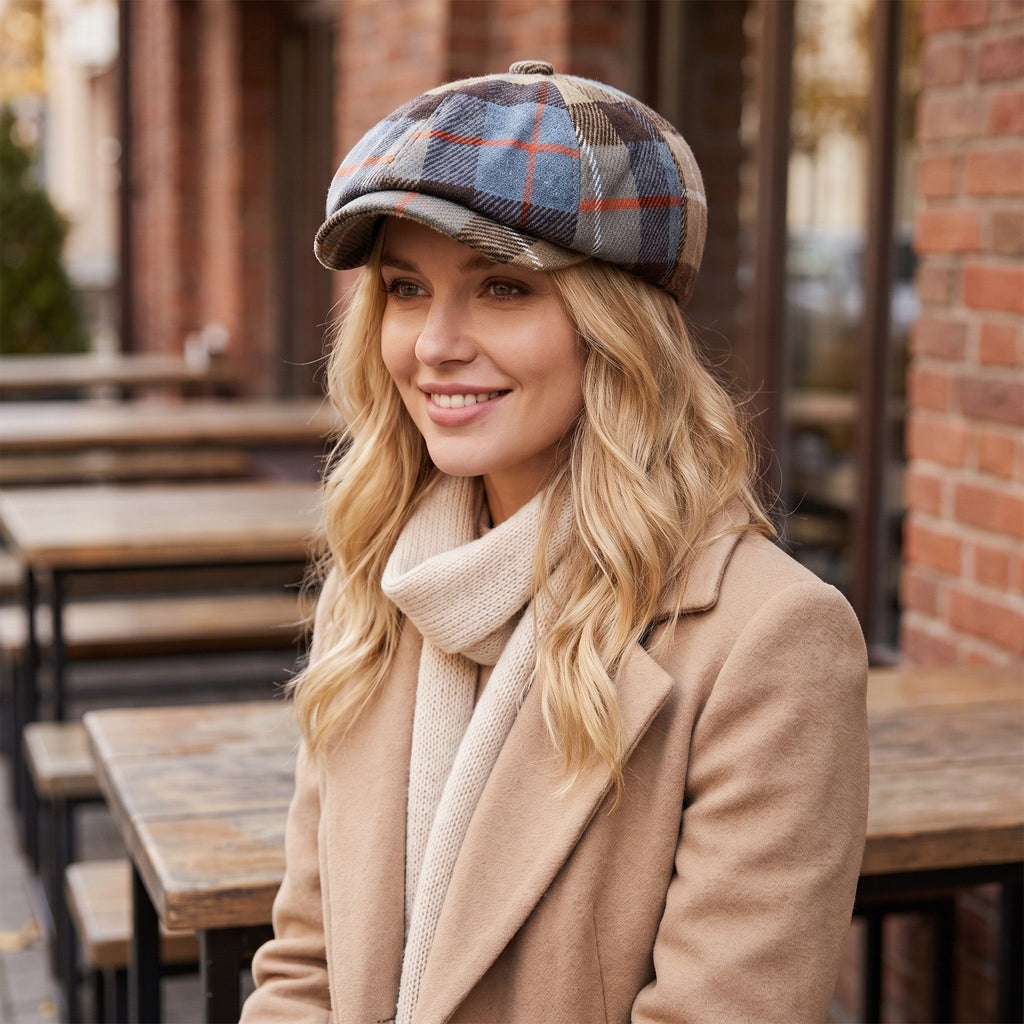 Plaid Wool Blend Newsboy Cap Vintage Baker Boy Hat Short Brim Eight Panel Cap