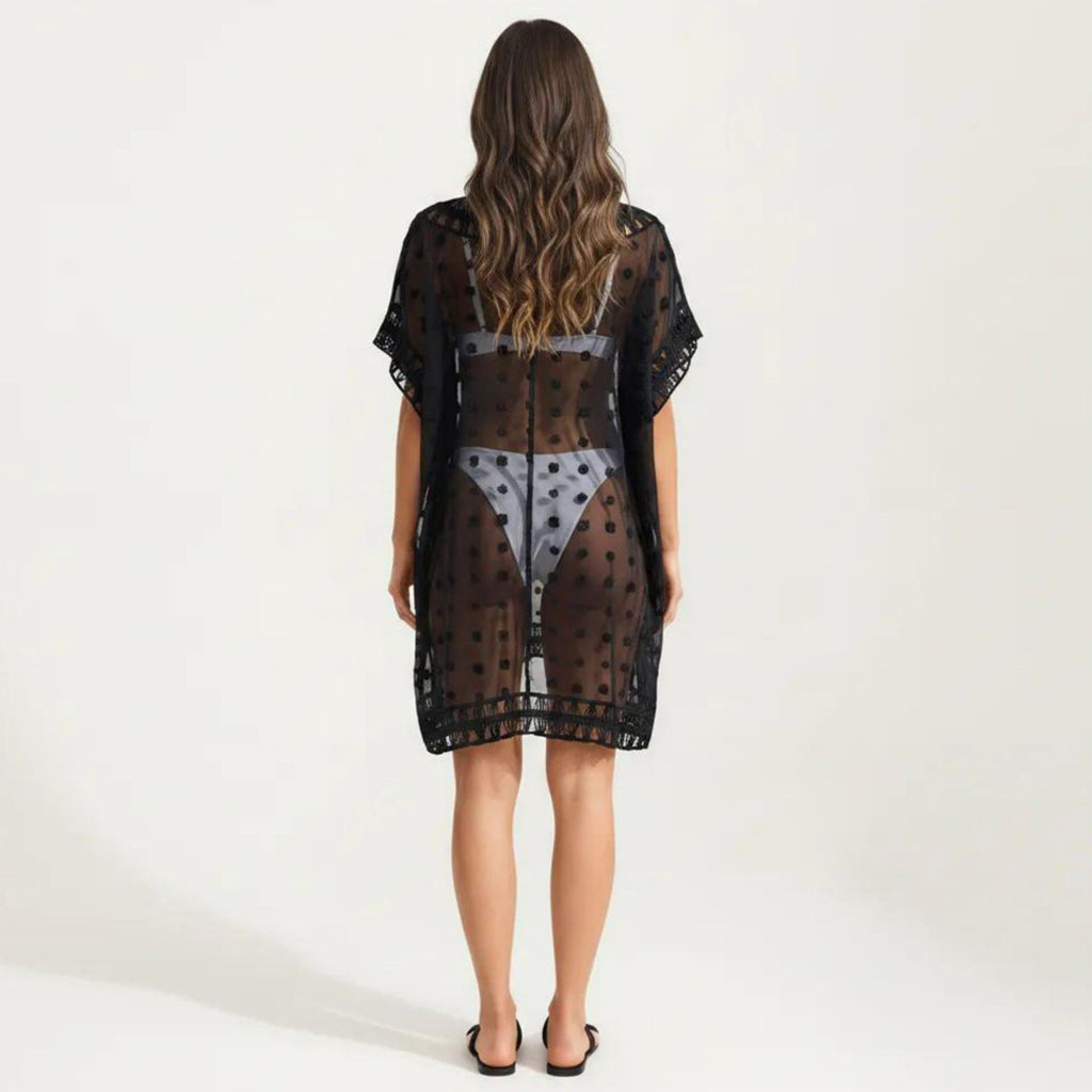 Anna-Kaci Women's Sheer Crochet Trim Cover Up Dress with Tassel Detail Relaxed Fit and Short Sleeves