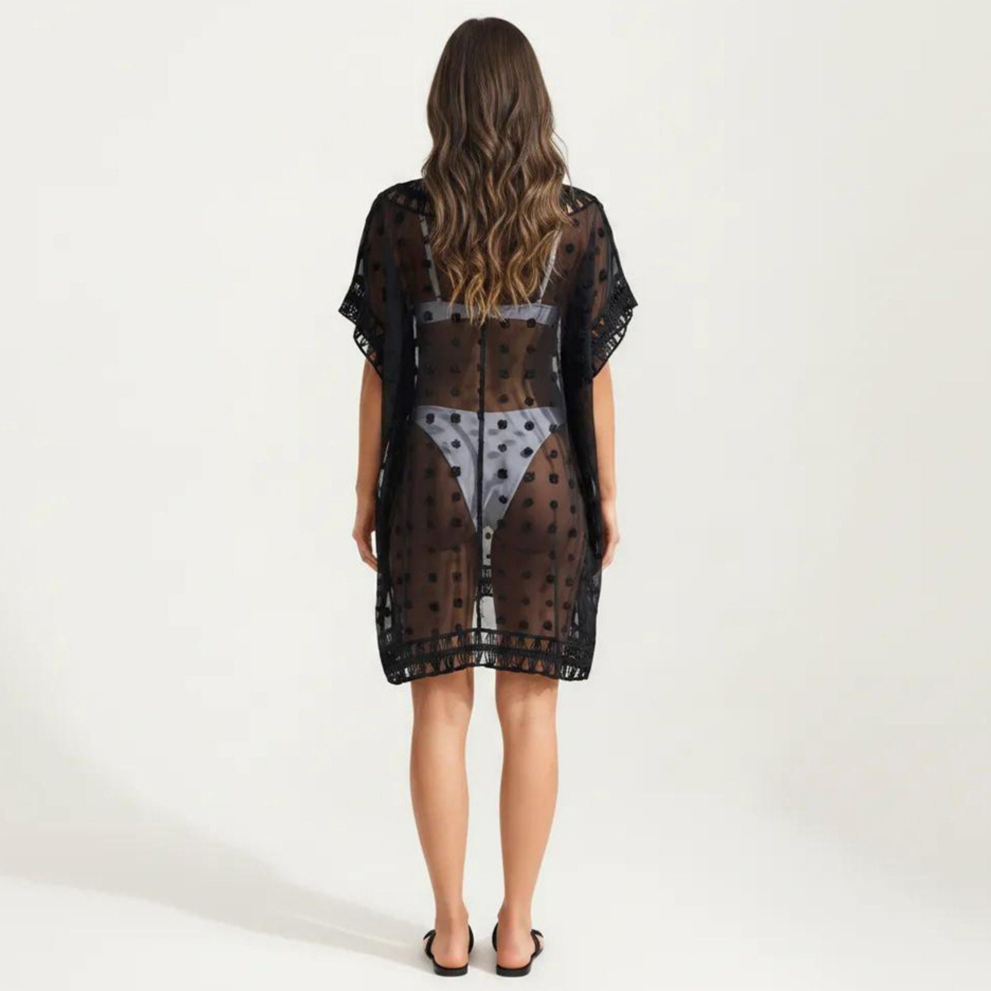 Anna-Kaci Women's Sheer Crochet Trim Cover Up Dress with Tassel Detail Relaxed Fit and Short Sleeves