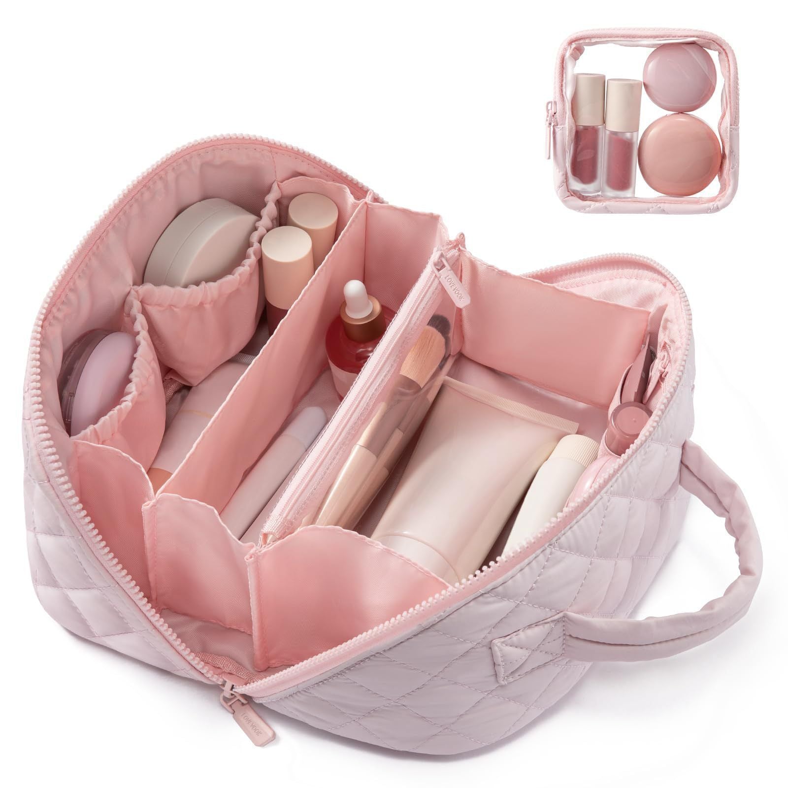 Quilted Makeup Bag Organizer with Handle Large Capacity Cosmetic Storage Case 2 Piece Set
