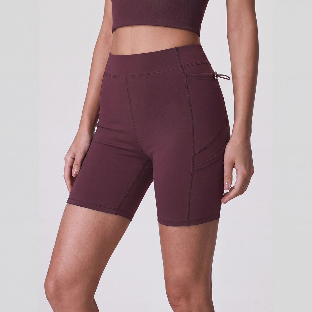 High Waist Ribbed Biker Shorts with Side Pocket and Adjustable Drawcord Detail