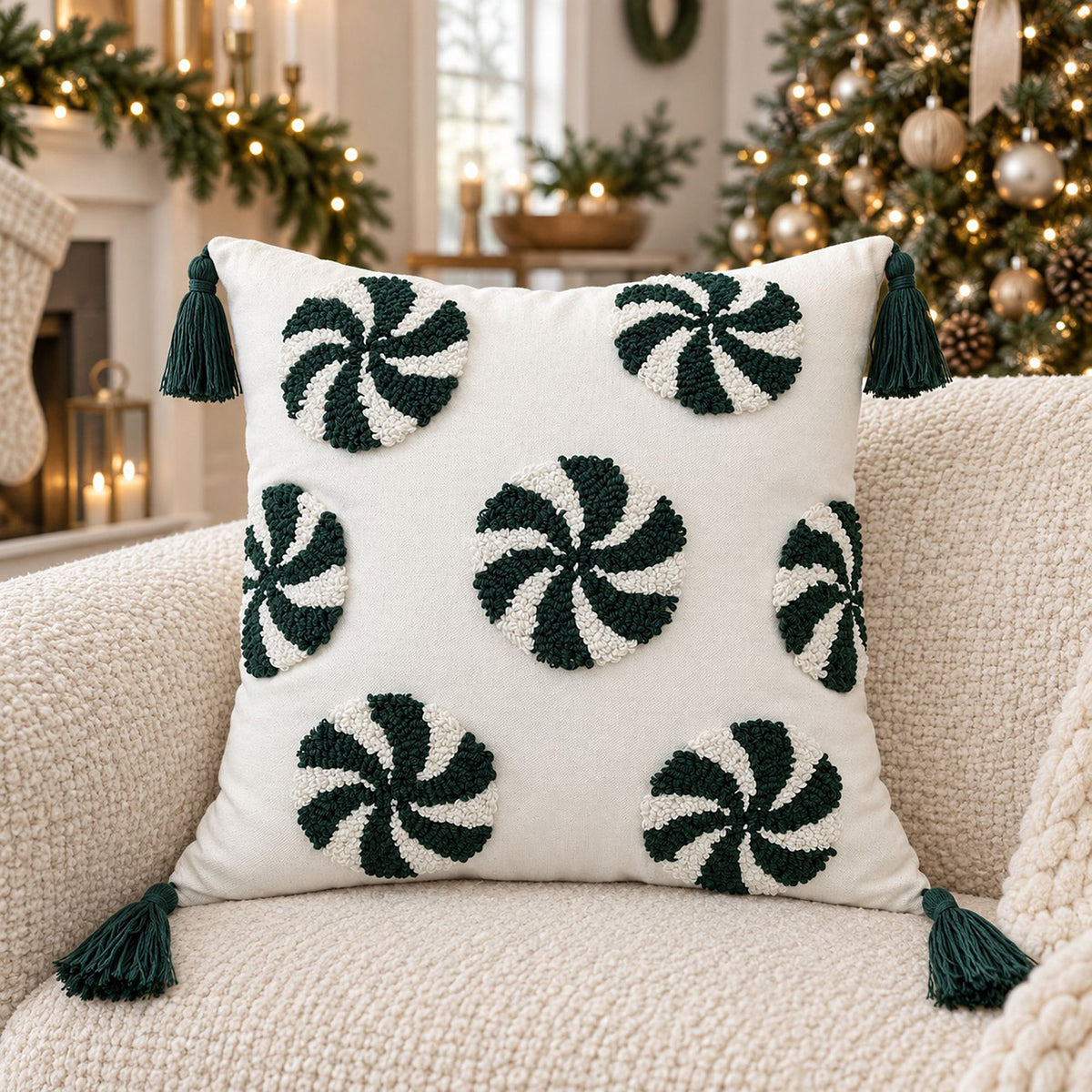 Christmas Peppermint Tufted Tassel Throw Pillow Cover
