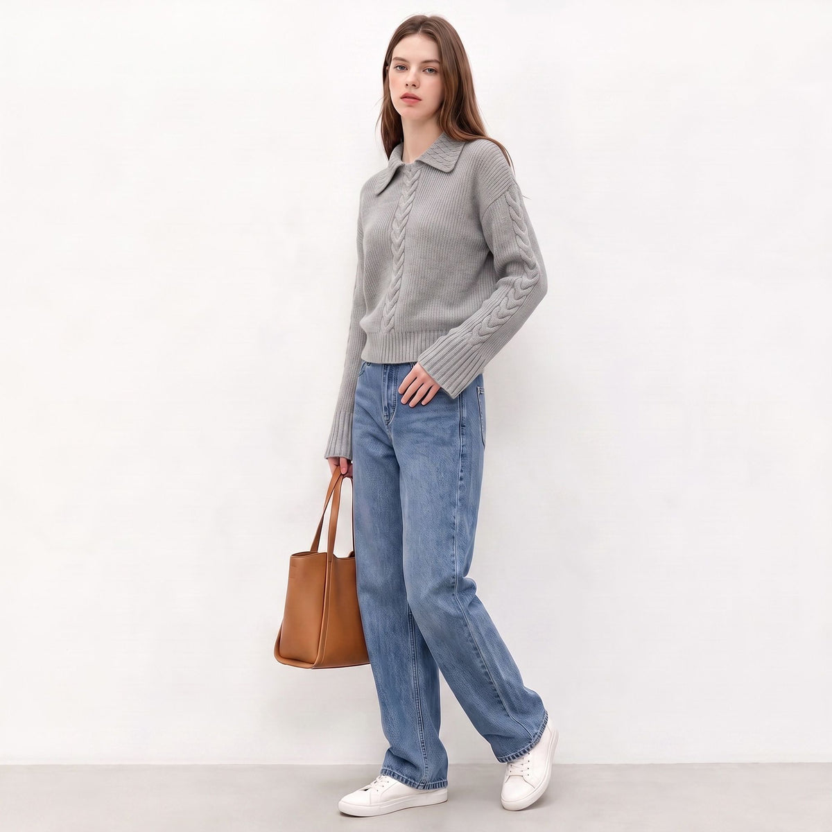 Cable Knit Collared Sweater with Flared Cuffs
