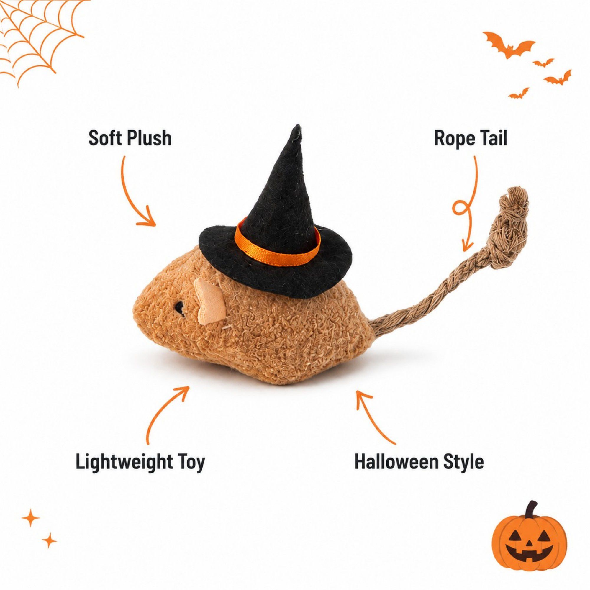 Halloween Witch Mouse Cat Toy with Soft Plush Body and Rope Tail