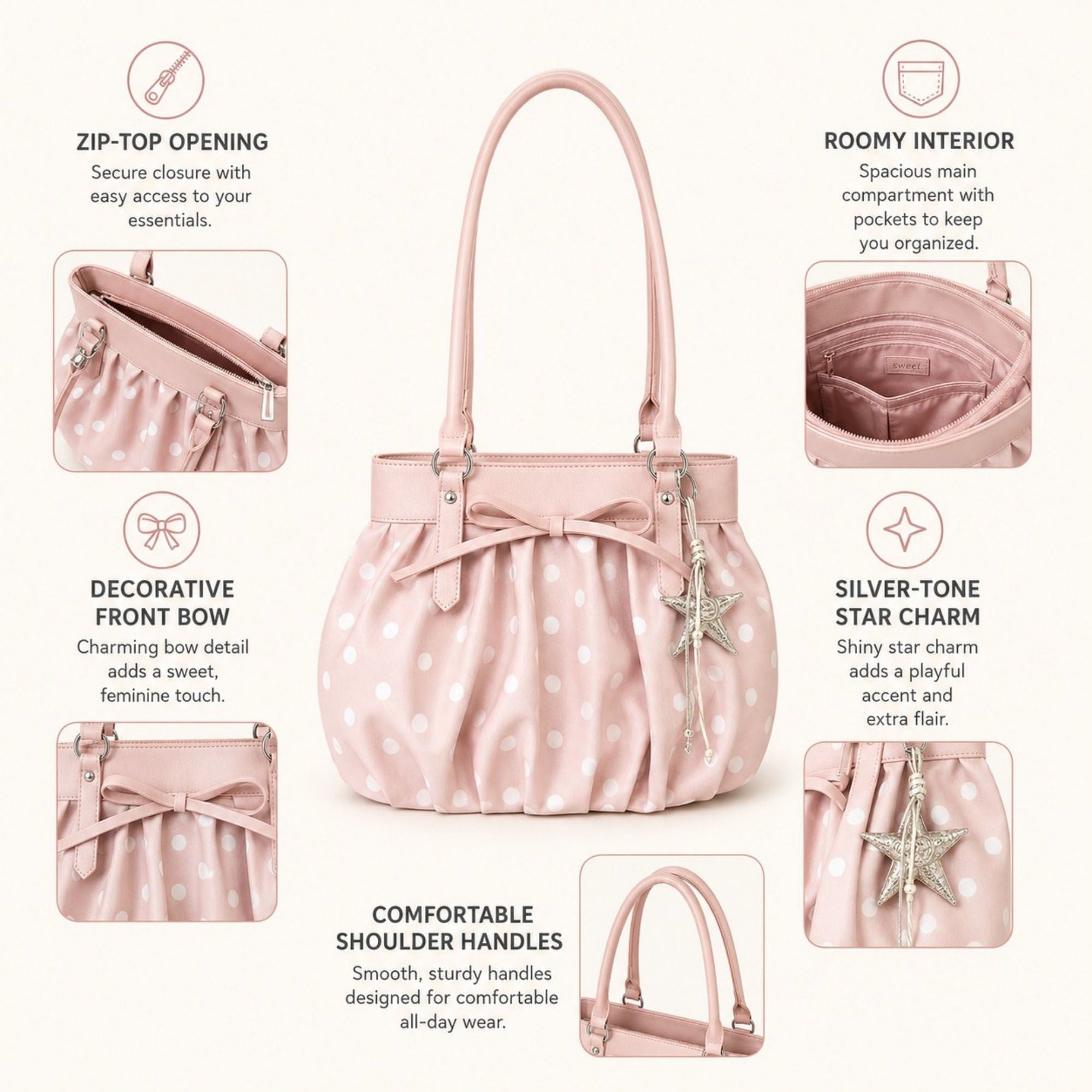 Polka Dot Ruched Shoulder Bag with Bow Detail and Metal Charm