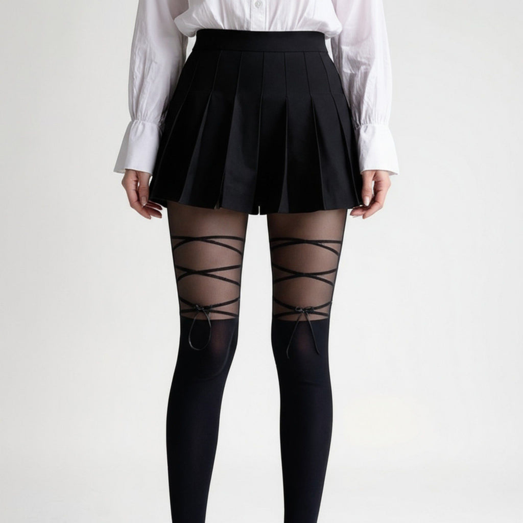 Anna-Kaci Women's Sheer Tights with Crisscross Lace-Up Detail and Opaque Lower Leg Design