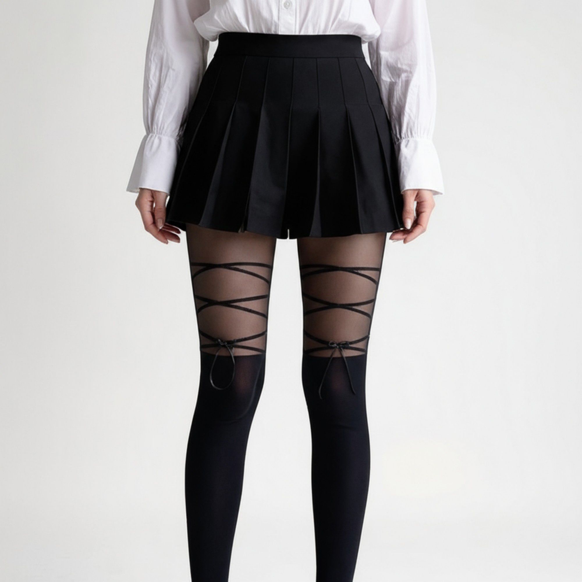Anna-Kaci Women's Sheer Tights with Crisscross Lace-Up Detail and Opaque Lower Leg Design