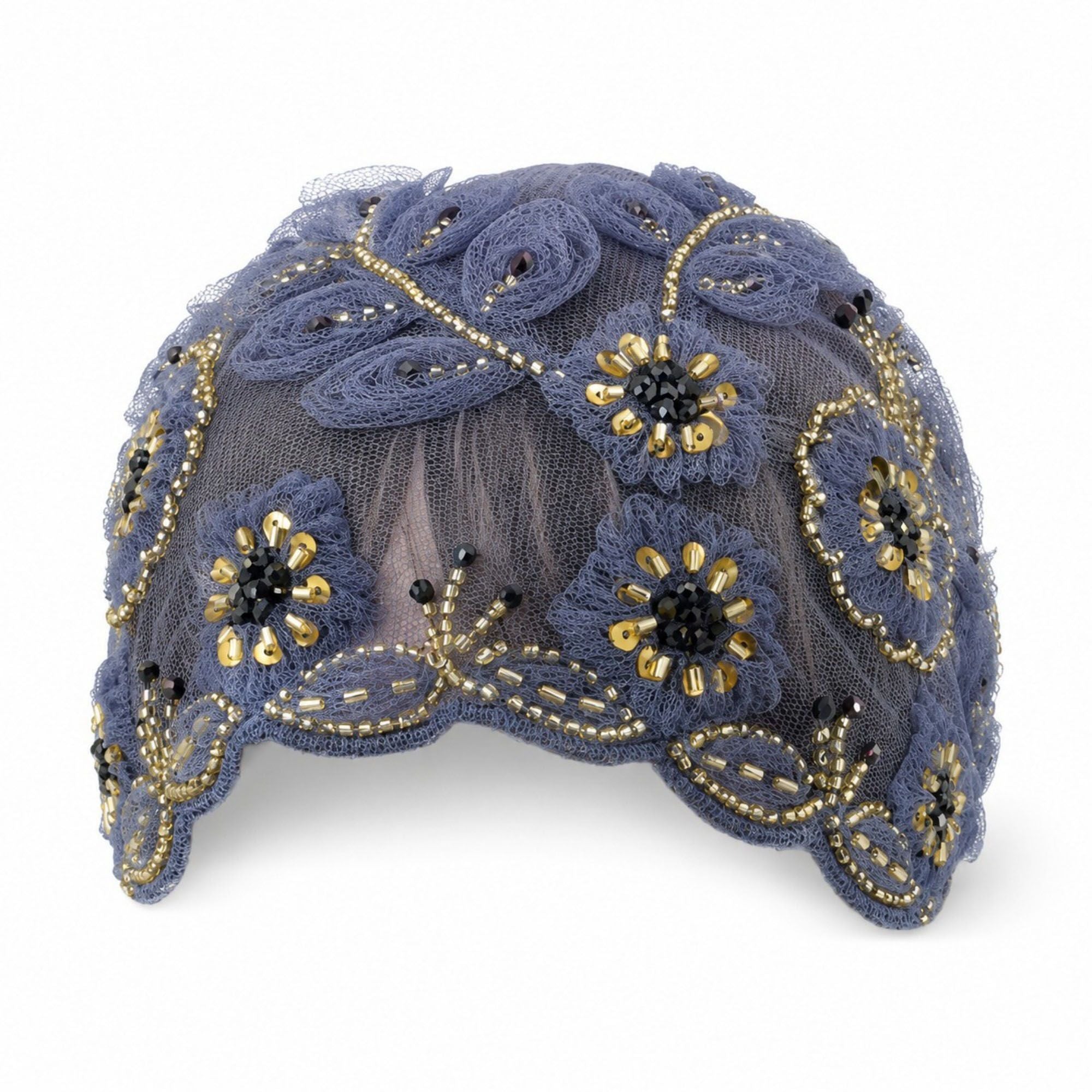 Floral Beaded Mesh Cloche Cap with Scalloped Trim
