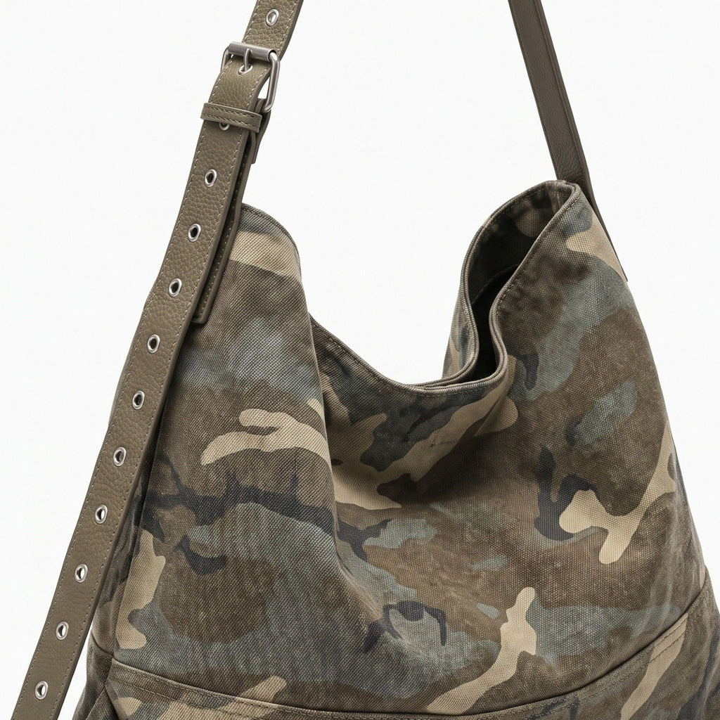 Camouflage Print Slouchy Hobo Bag with Adjustable Grommet Strap
