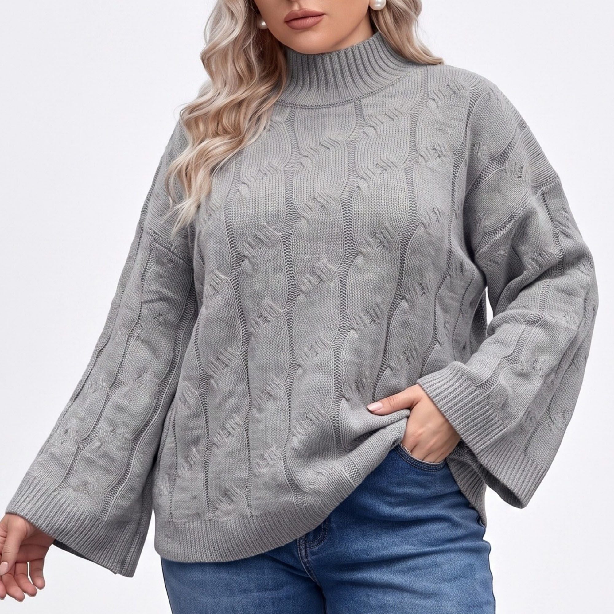 Plus Size Mock Neck Cable Knit Bell Sleeve Sweater