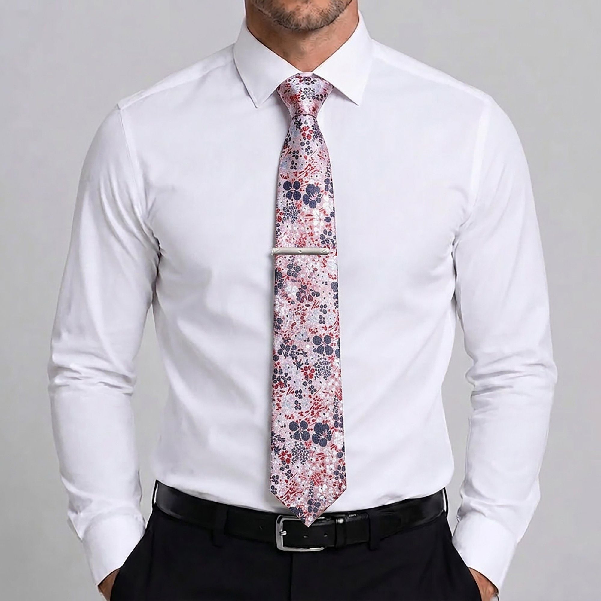 Men's Rose Floral Tie Gift Set with Matching Pocket Square Cufflinks and Silver Tie Clip