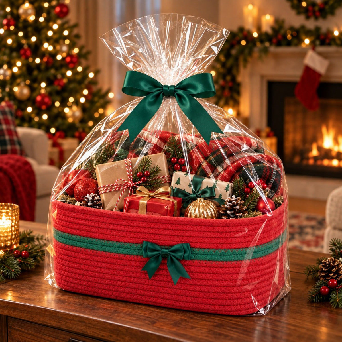 Woven Cotton Cord Rectangular Holiday Storage Basket with Bow