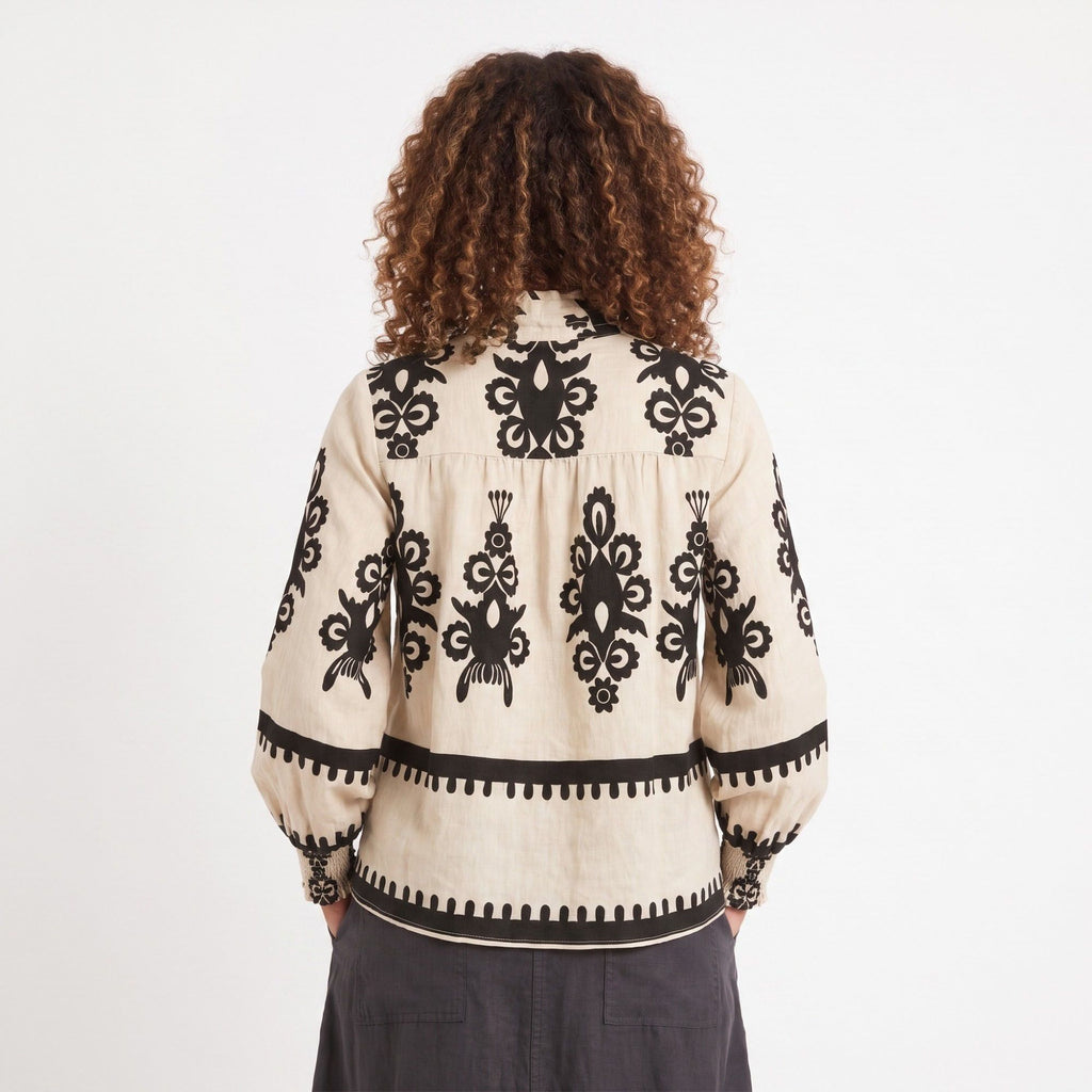 Printed Button Front Blouse Ruffle Stand Collar Long Sleeve Relaxed Fit Top