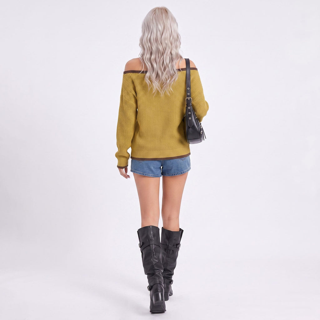 Contrast Trim Off Shoulder Long Sleeve Knit Sweater