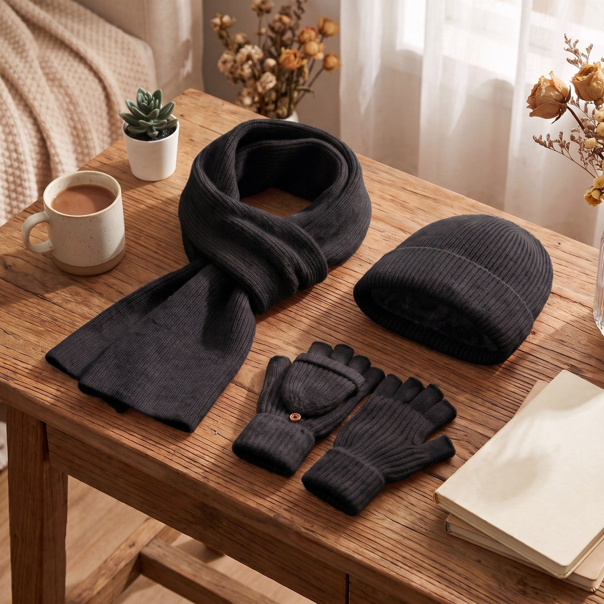 3 Piece Beanie Scarf and Convertible Fingerless Gloves Winter Set