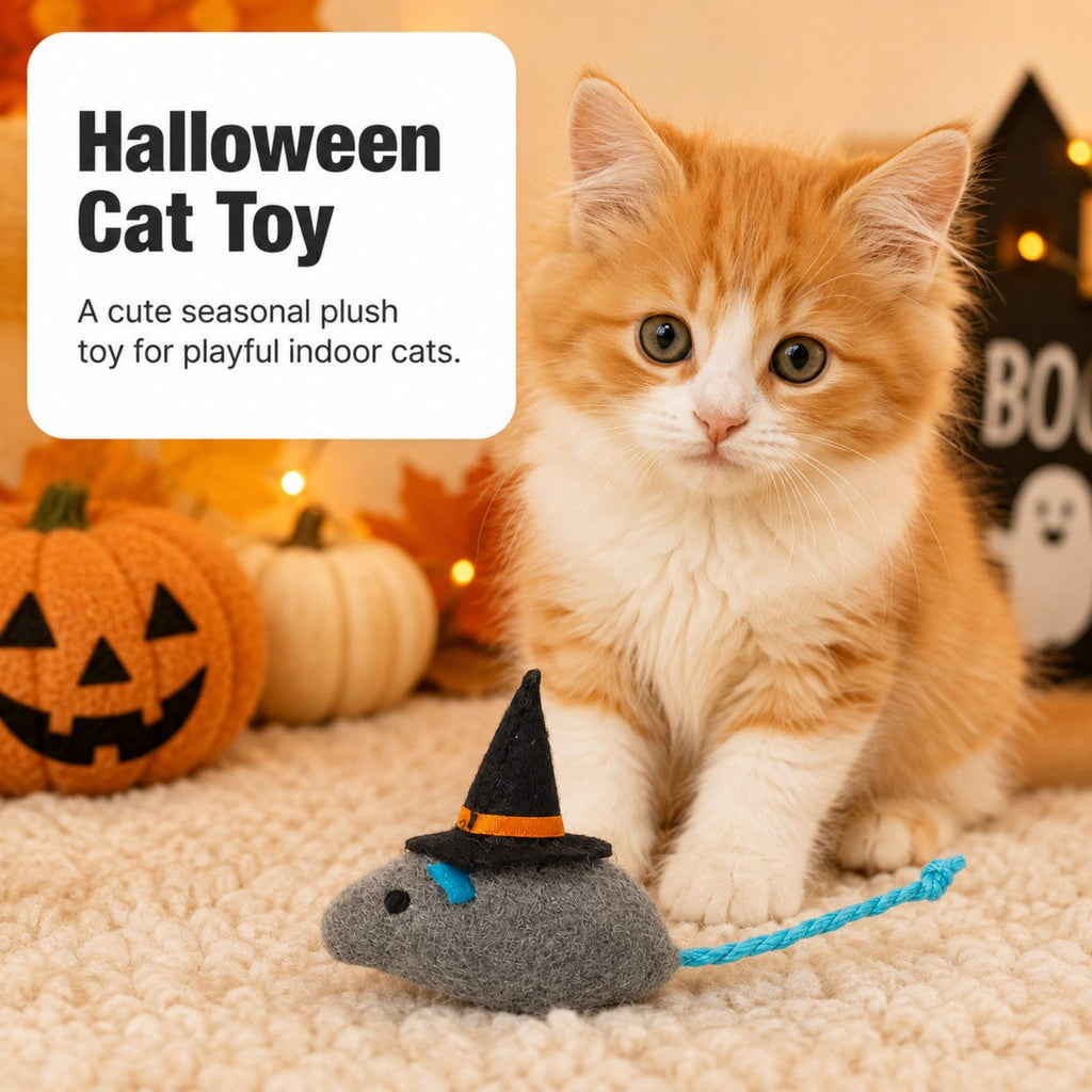 Halloween Witch Mouse Cat Toy with Soft Plush Body and Rope Tail