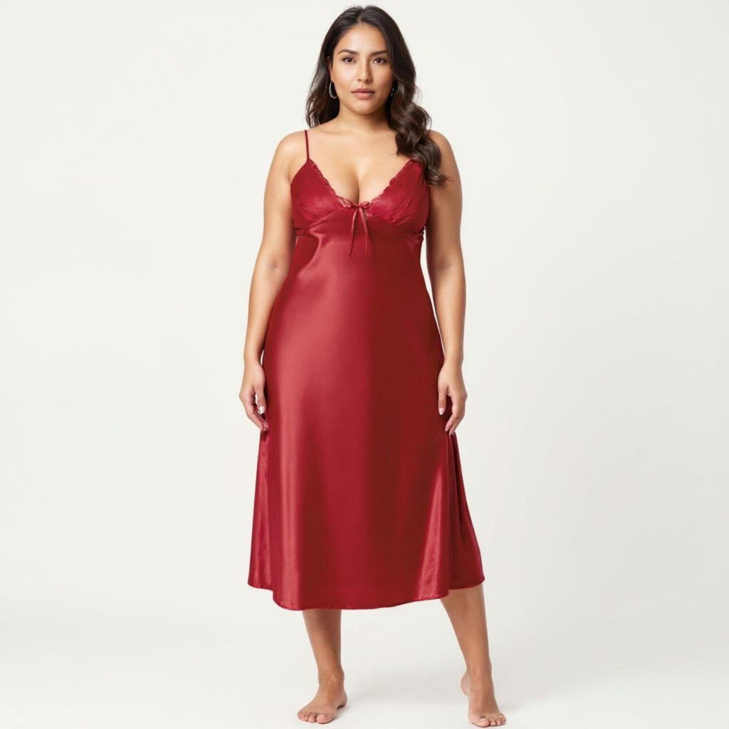 Anna-Kaci Lounge Women's Plus Size Satin Chemise Nightgown with Lace Trim Neckline Adjustable Straps Side Slit Slip Dress