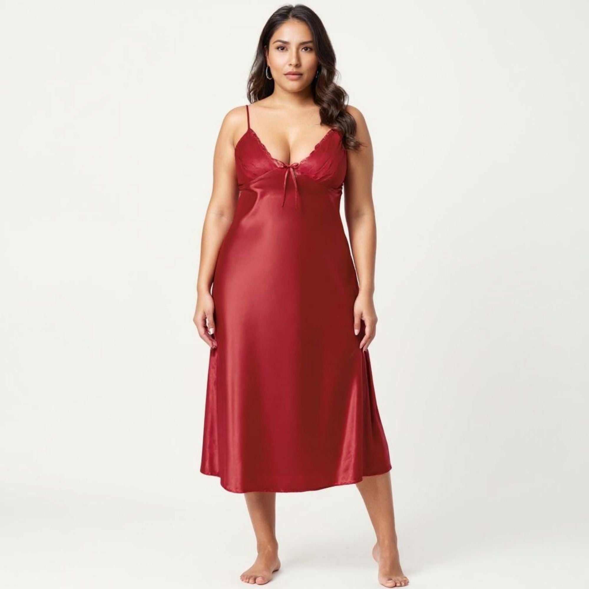 Anna-Kaci Lounge Women's Plus Size Satin Chemise Nightgown with Lace Trim Neckline Adjustable Straps Side Slit Slip Dress
