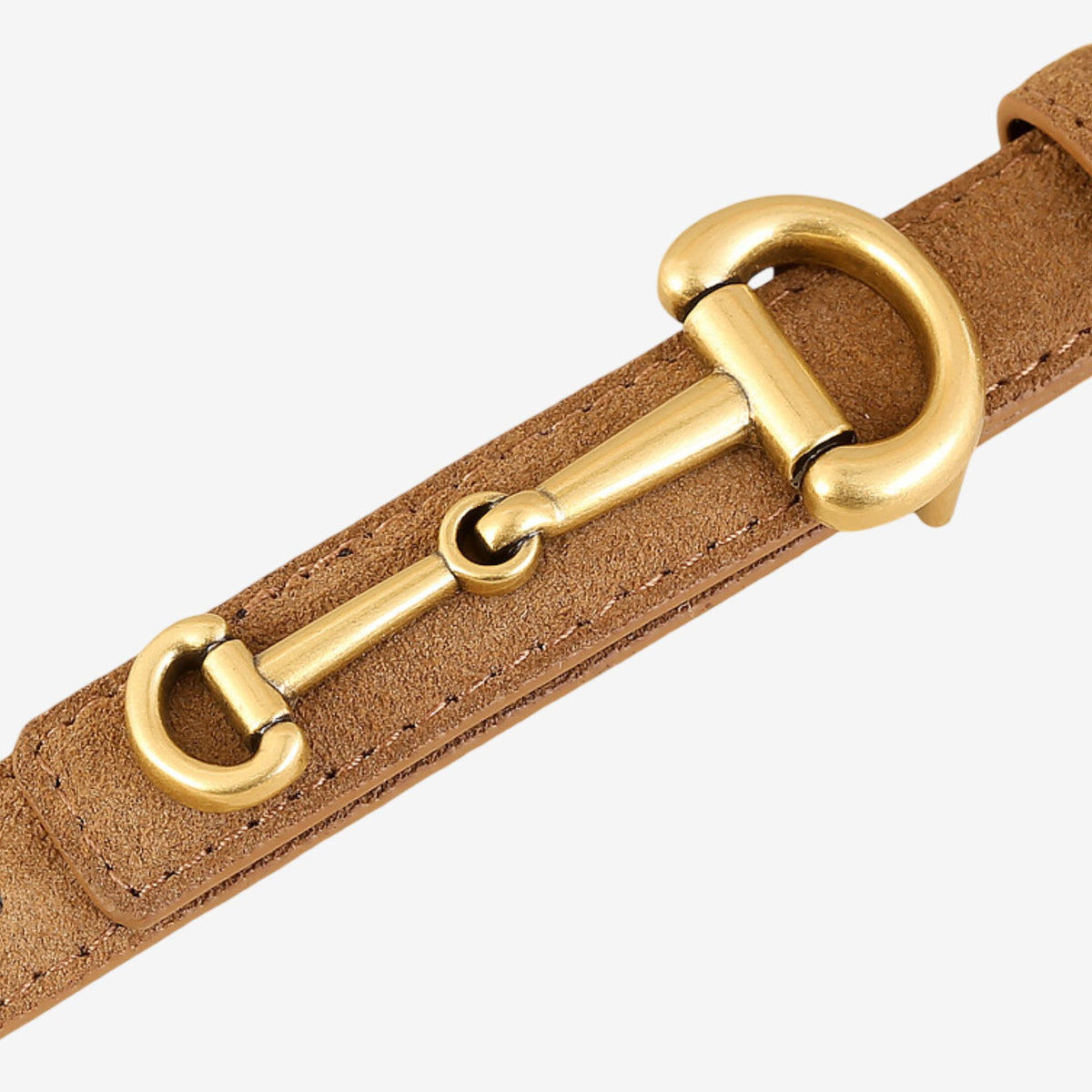 Suede Leather Skinny Belt with Equestrian Gold Tone Buckle 39.4in