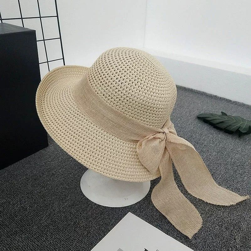 Anna-Kaci Women Straw Sun Hat Wide Brim Woven Beach Hat Bow Tie Detail Breathable Summer Hat