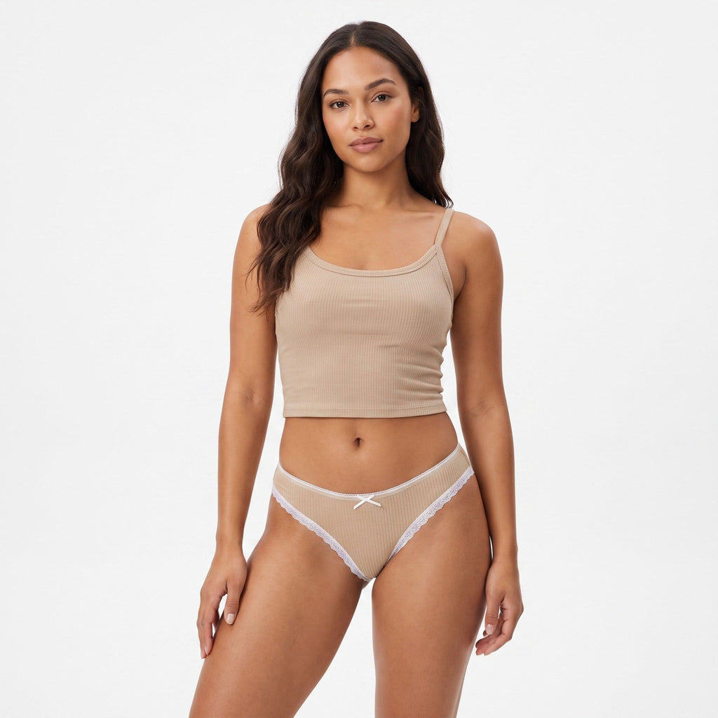 Anna-Kaci Womens 2 Pack Ribbed Lace Trim Thong Underwear