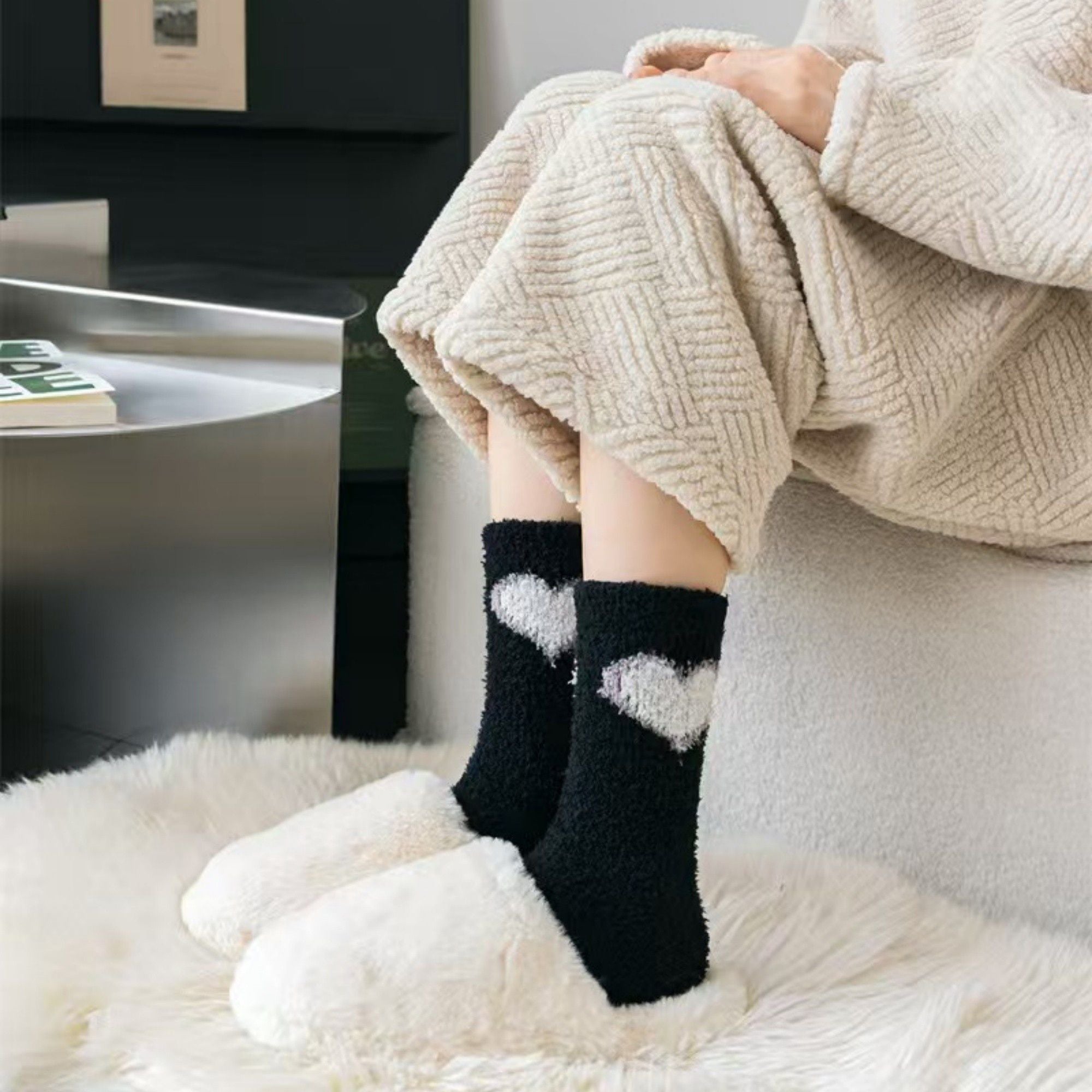Anna-Kaci 3-Pair Fuzzy Valentine Heart Knit Crew Socks Set with Soft Plush Texture, Stretchy Cozy Fabric, and Cute Heart Accent for Gifting